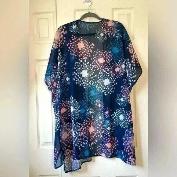 Print Kimono with Side Slits, Beach Swimwear Cover Up (Navy)L/XL duster - Picture 3 of 5